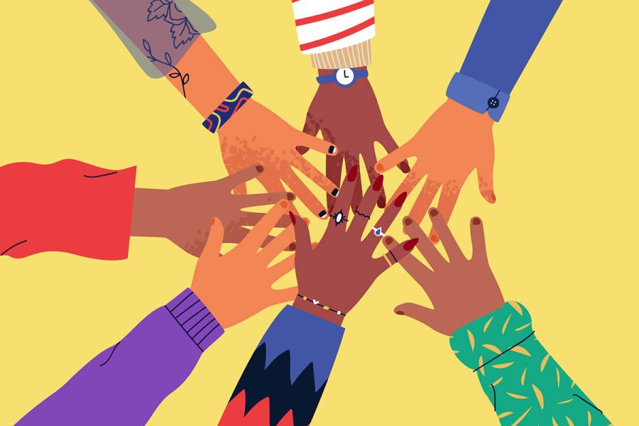 Diverse young people hands on isolated background. Teenager hand group high five celebration or friend community concept. Flat cartoon illustration of men and women arms.