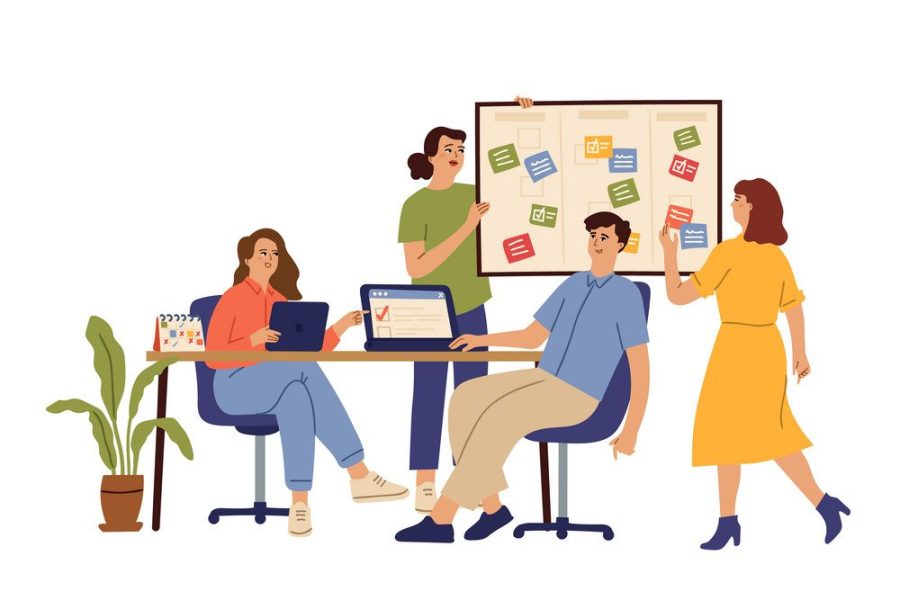 Effective business team. Office group, work cooperative agreement or agenda planning. Flat productive people working together vector concept. Illustration business team effective