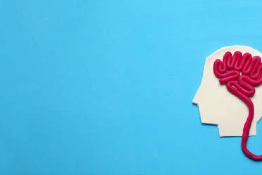 Figure of man with brain and red heart. Love and intelligence.