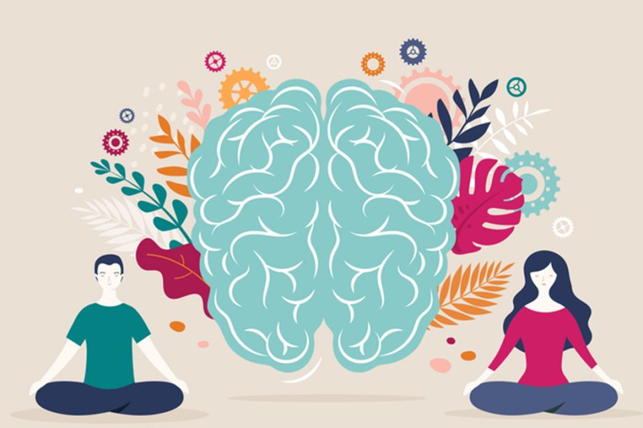 Young woman and man sit with crossed legs and meditate with brain icon on the background. Vector illustration