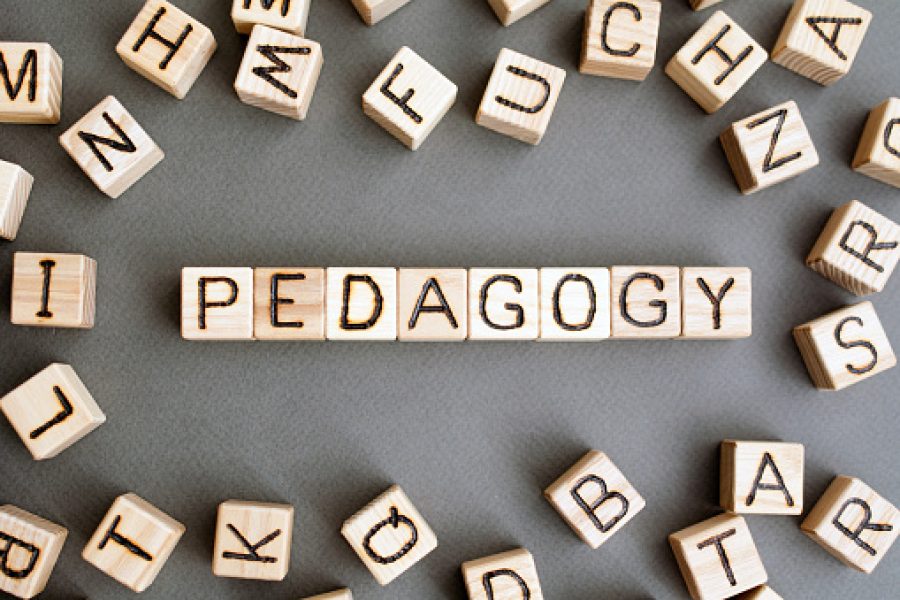the word pedagogy wooden cubes with burnt letters, correct pedagogy for children, gray background top view, scattered cubes around random letters